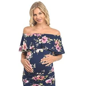🤰Floral Ruffle Off Shoulder Maternity Dress, M